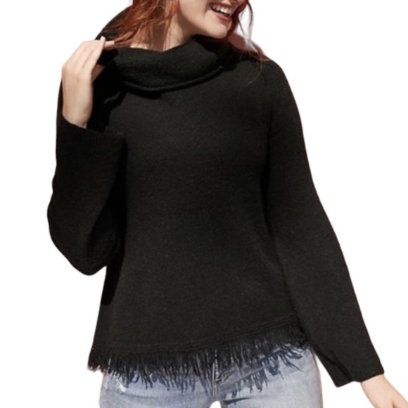 Anthropologie Akemi + Kin Aruna Fringed Hem Cowl Neck Sweater Black size Small - Picture 1 of 13
